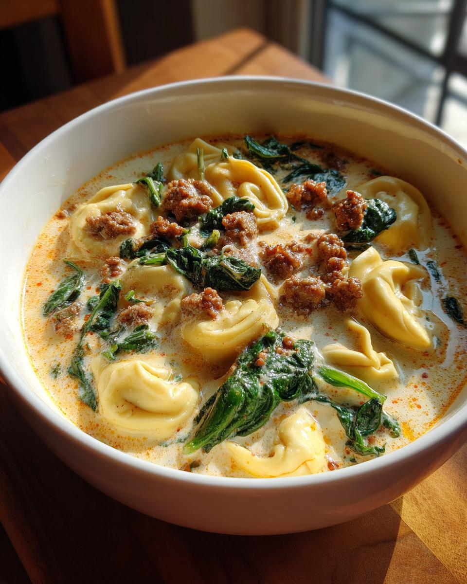A close-up of a white bowl filled with creamy sausage tortellini soup, featuring tortellini, crumbled sausage, and wilted spinach.