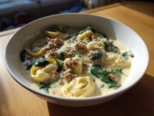 A close-up of a white bowl filled with creamy sausage tortellini soup, featuring tortellini, crumbled sausage, and wilted spinach.