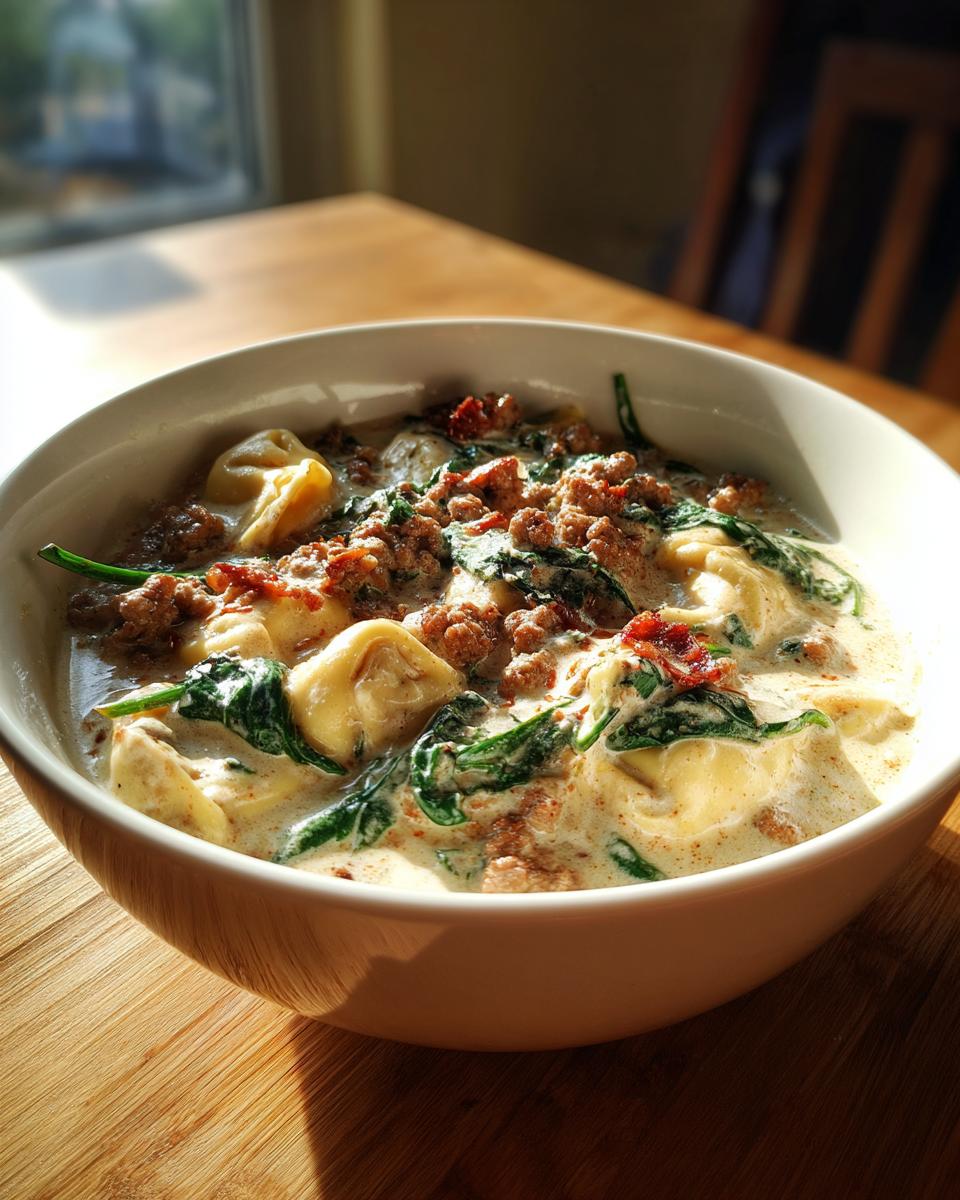 A close-up of a white bowl filled with creamy sausage tortellini soup, featuring sausage crumbles, spinach, and tortellini pasta.