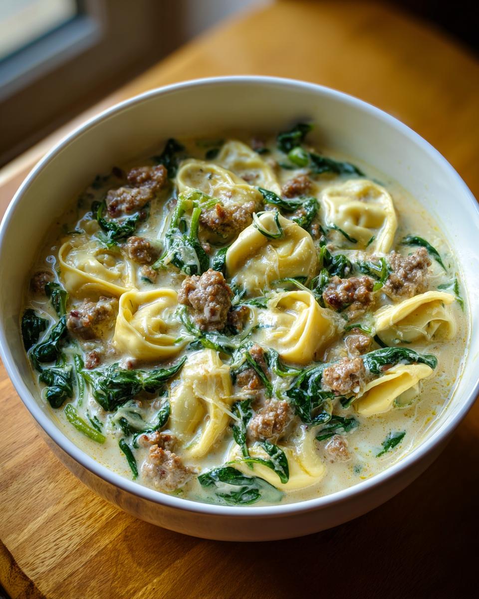 A close-up of a white bowl filled with creamy sausage tortellini soup, featuring tortellini, crumbled sausage, and wilted spinach.