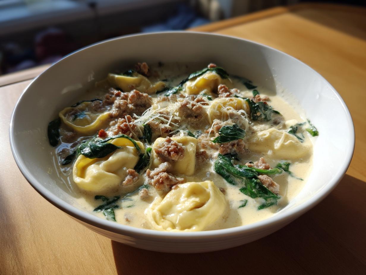 A close-up of a white bowl filled with creamy sausage tortellini soup, featuring tortellini, crumbled sausage, and wilted spinach.