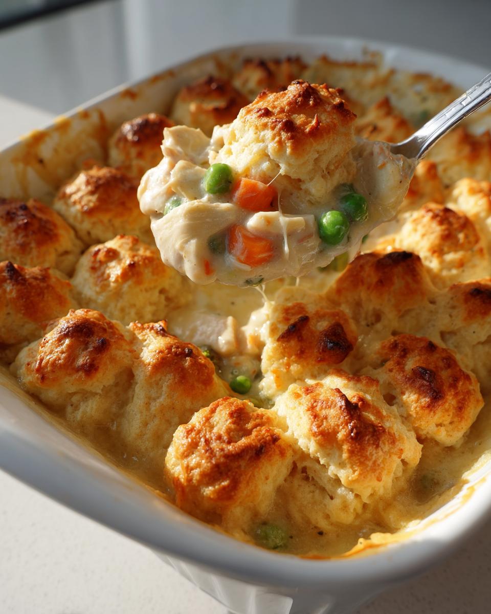 A spoonful of creamy slow cooker chicken pot pie filling with chicken, peas, and carrots, topped with a golden biscuit.
