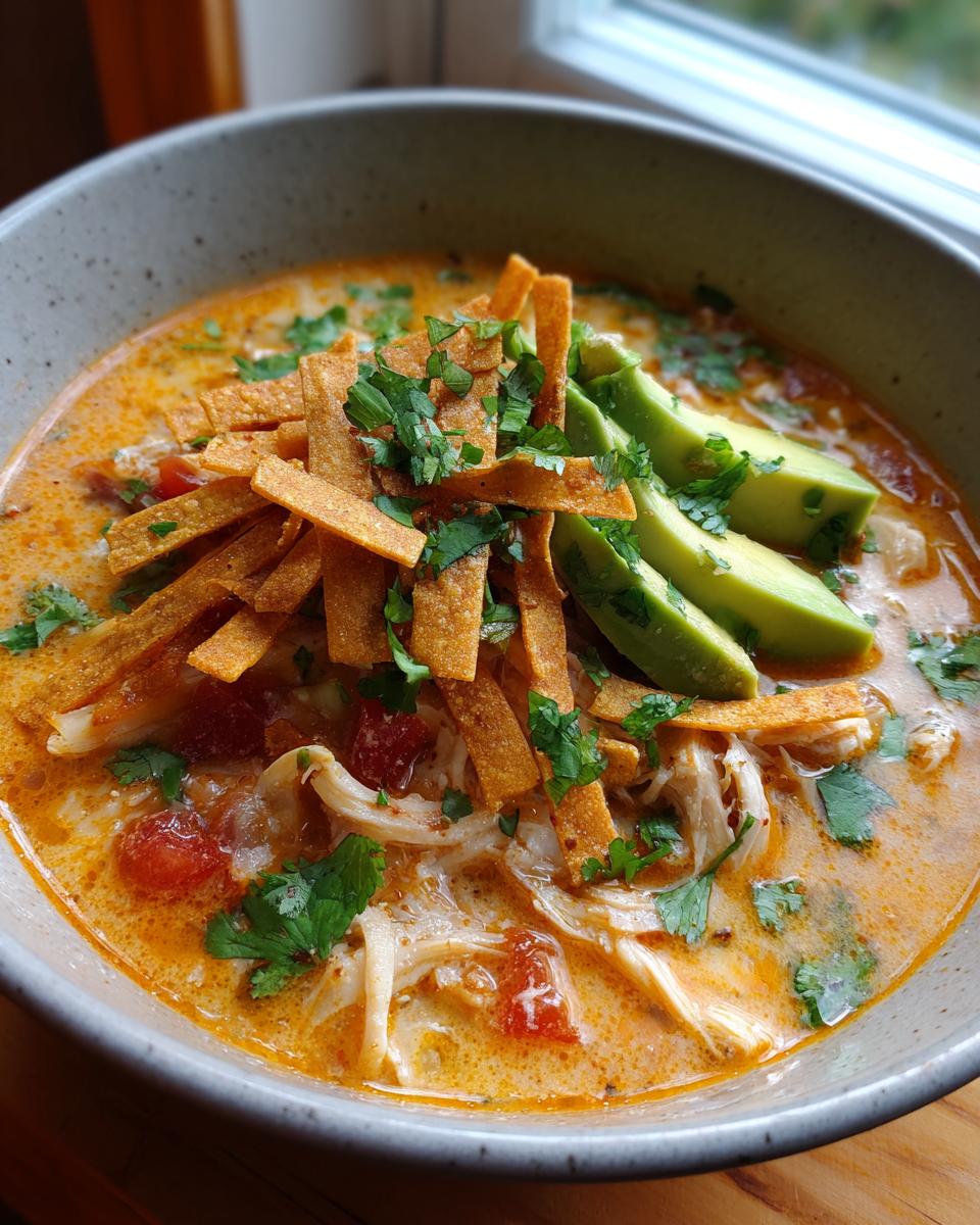 Close-up of a bowl of creamy chicken tortilla soup recipe, garnished with crispy tortilla strips, avocado slices, and fresh cilantro.