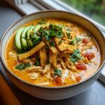 A close-up of a bowl of creamy chicken tortilla soup recipe, garnished with avocado slices, crispy tortilla strips, and cilantro.