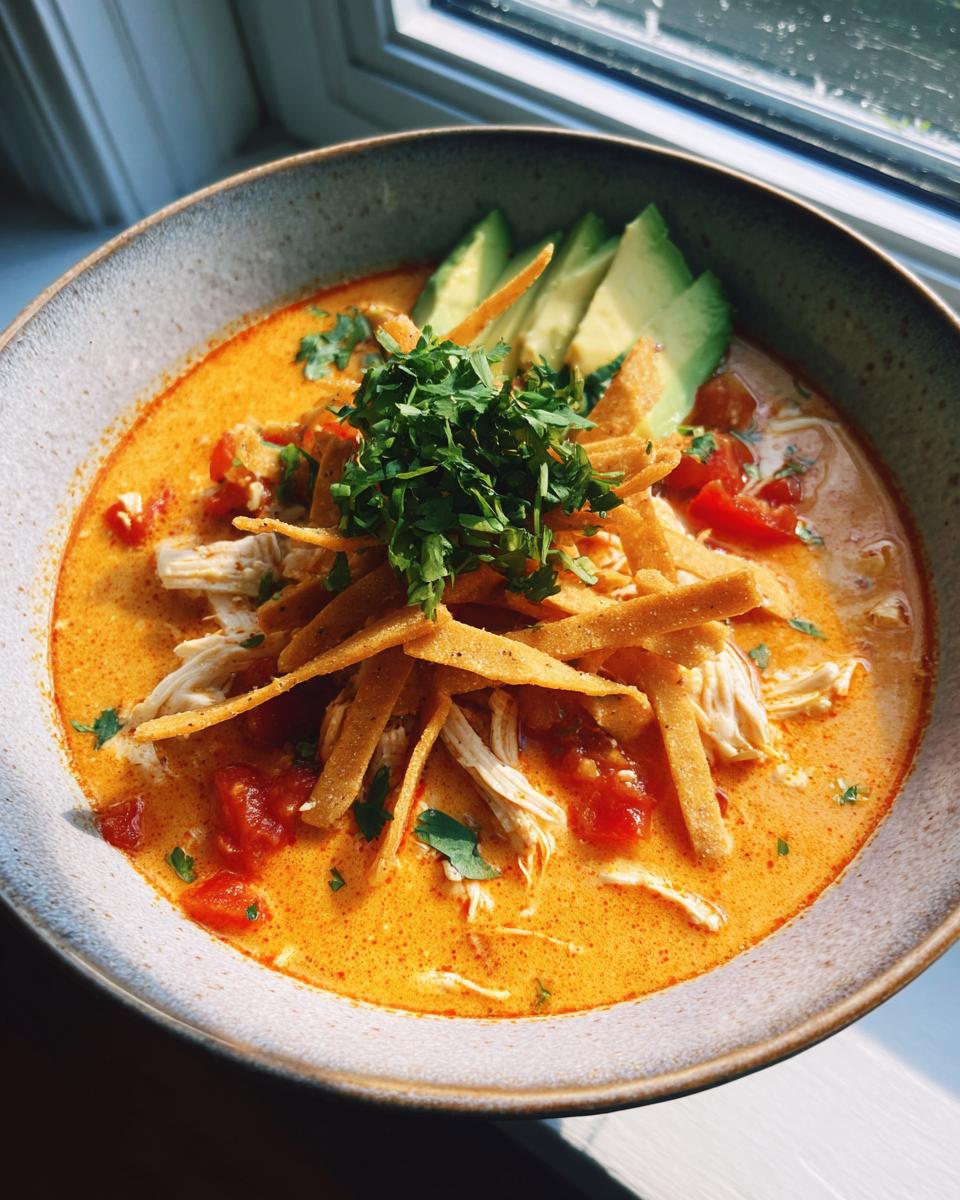 Close-up of a bowl of creamy, orange-hued tortilla soup recipe, topped with shredded chicken, crispy tortilla strips, avocado slices, and cilantro.