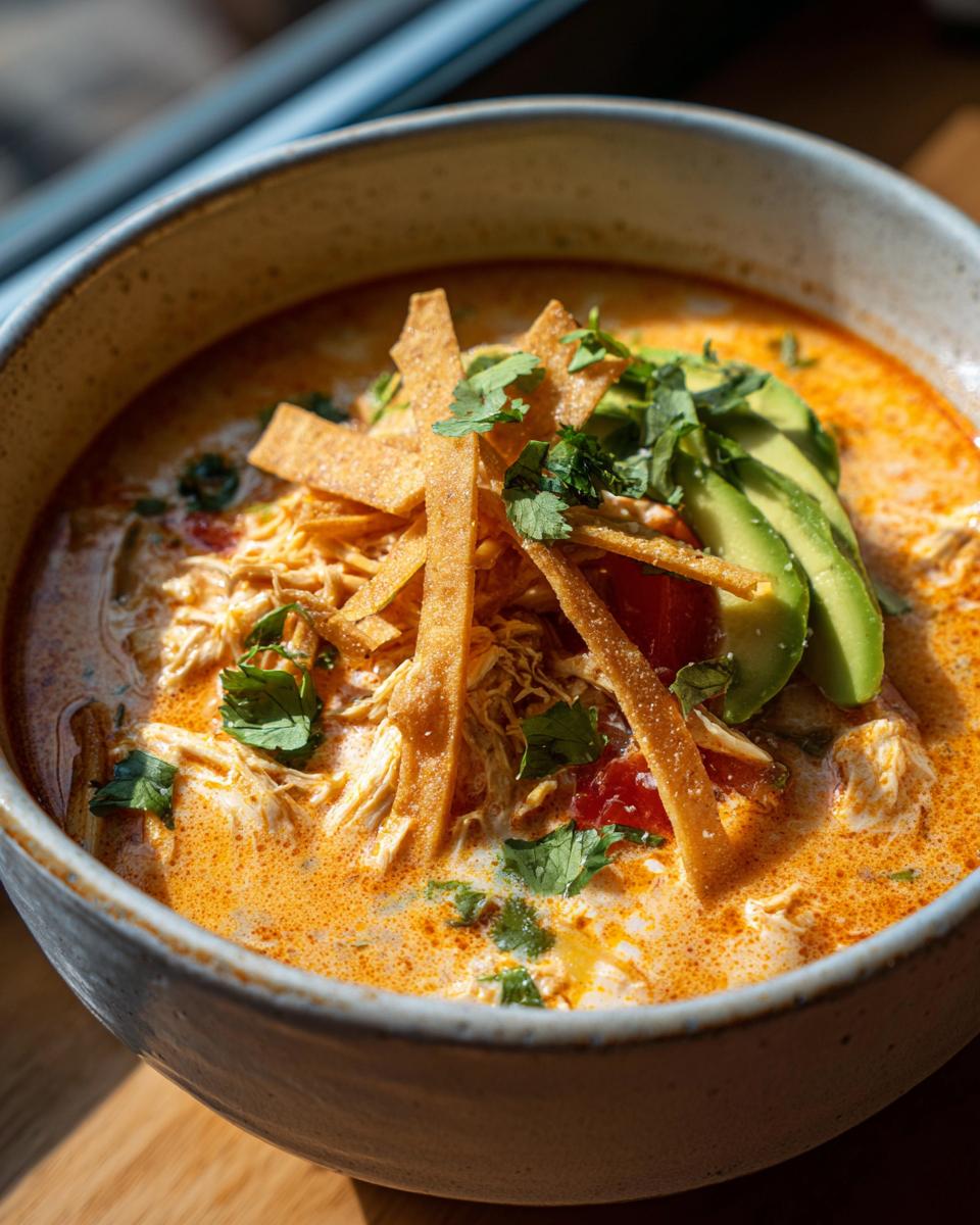 Close-up of a bowl of creamy, orange-hued tortilla soup recipe garnished with shredded chicken, avocado slices, and crispy tortilla strips.