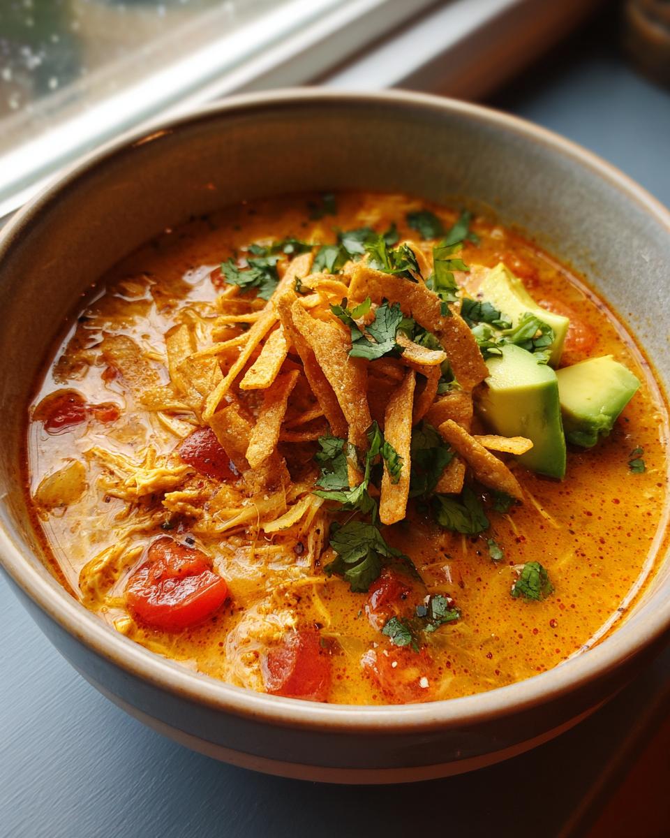 A close-up of a bowl of creamy, orange-hued tortilla soup recipe topped with crispy tortilla strips, avocado, and cilantro.