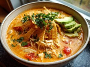 A close-up of a bowl of creamy, orange-hued tortilla soup recipe topped with shredded chicken, crispy tortilla strips, avocado slices, and cilantro.