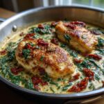 Two golden-brown chicken breasts simmering in a rich, creamy sauce with spinach and sun-dried tomatoes, the perfect creamy tuscan chicken.