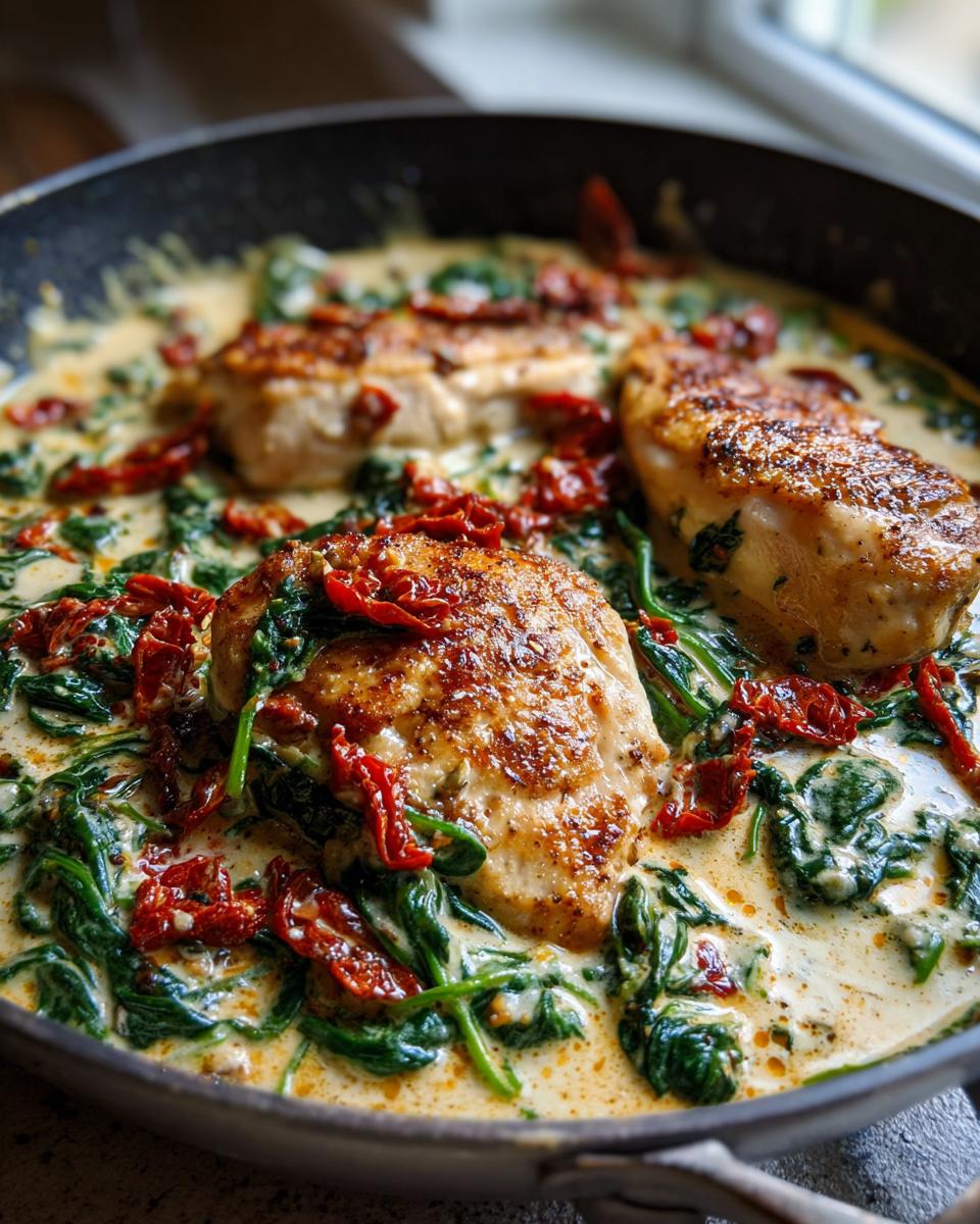 Three seared chicken breasts simmering in a rich, creamy sauce with wilted spinach and sun-dried tomatoes for creamy tuscan chicken.