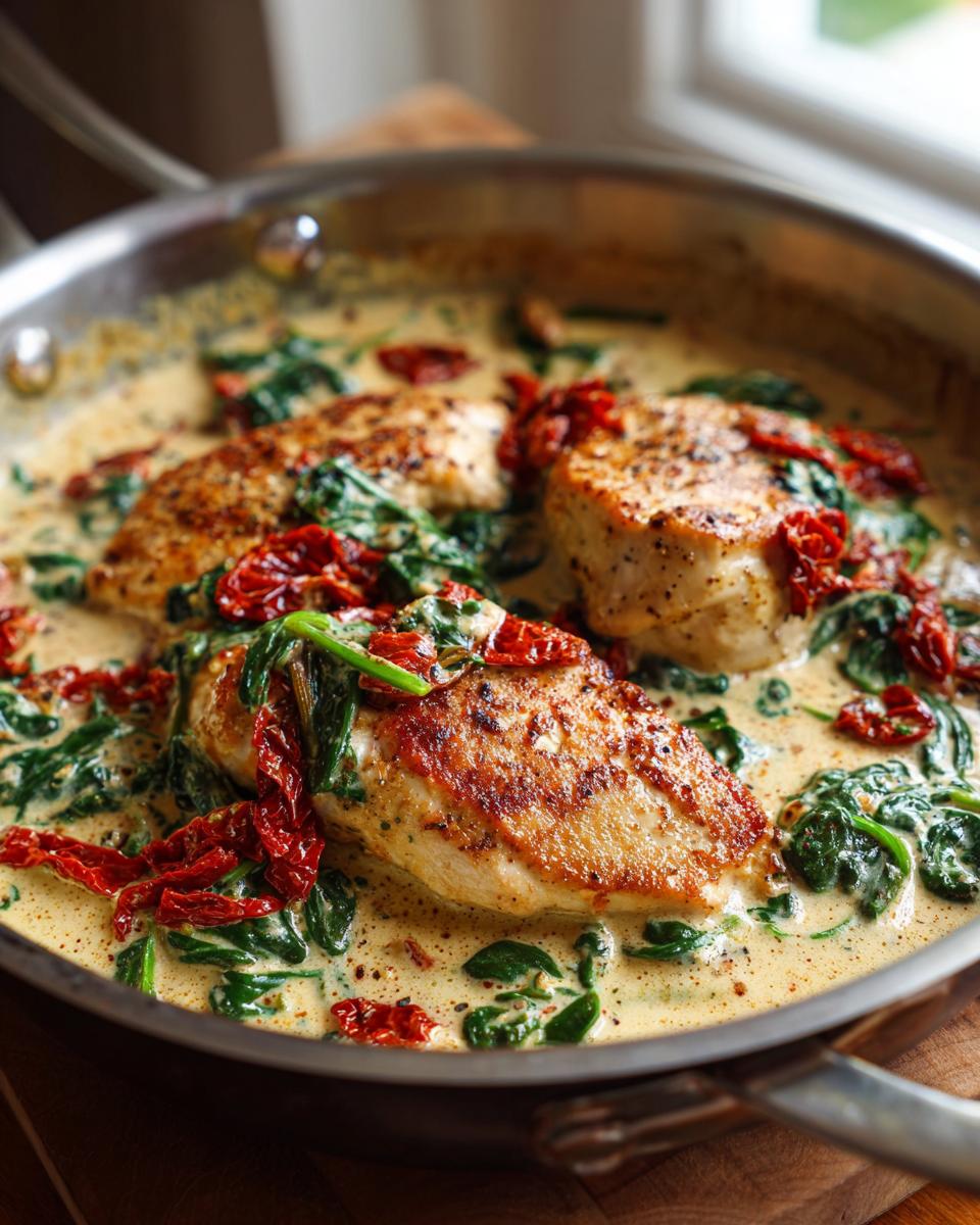 Three golden-brown chicken breasts simmering in a rich, creamy Tuscan sauce with spinach and sun-dried tomatoes, ready to serve.