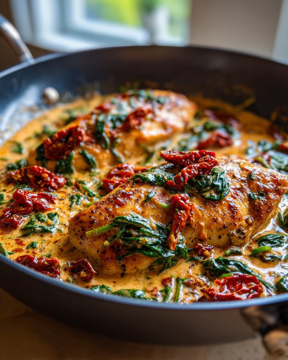 Two golden-brown chicken breasts simmering in a rich, creamy Tuscan sauce with spinach and sun-dried tomatoes, featured in a dark skillet.