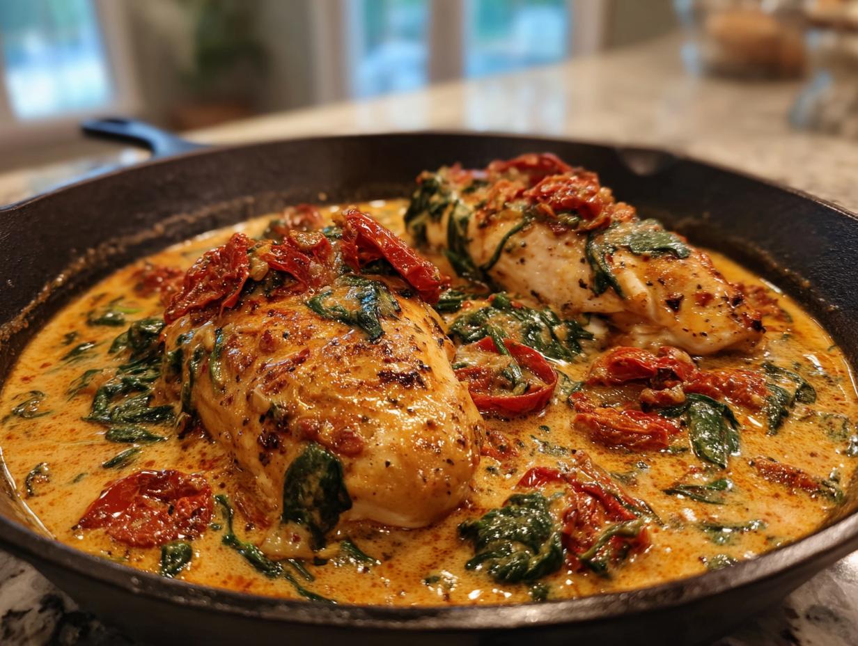 Two golden-brown chicken breasts simmering in a rich, creamy sauce with spinach and sun-dried tomatoes, the creamy Tuscan chicken dish.