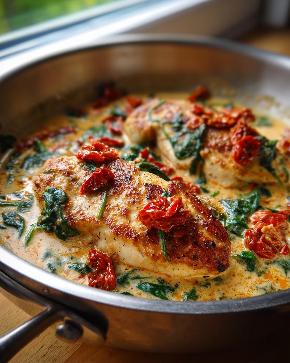 Two golden-brown chicken breasts simmering in a rich, creamy Tuscan sauce with wilted spinach and sun-dried tomatoes. Perfect creamy tuscan chicken.
