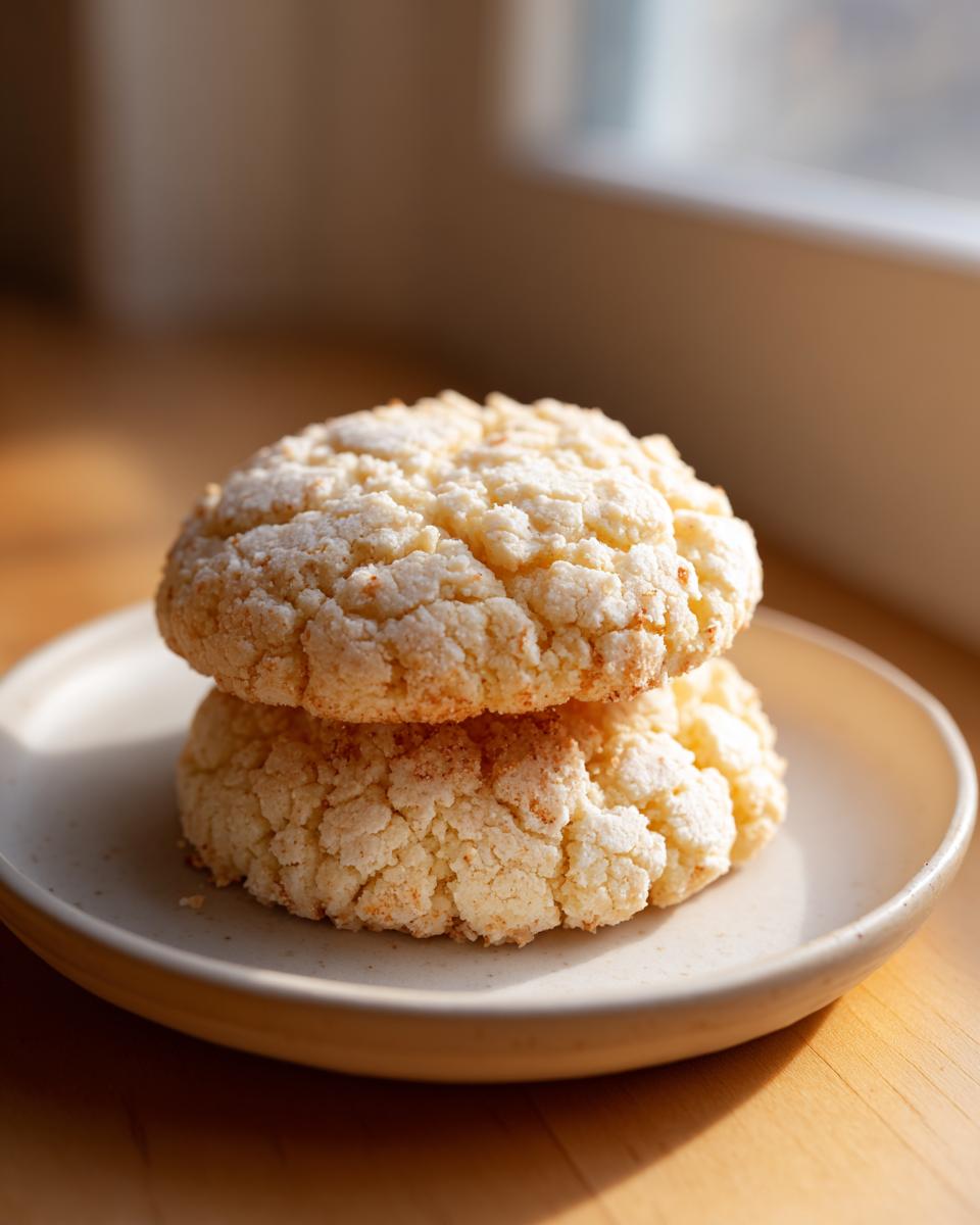 Two thick, crinkled vegan sugar cookies stacked on a small, light-colored plate, bathed in sunlight.