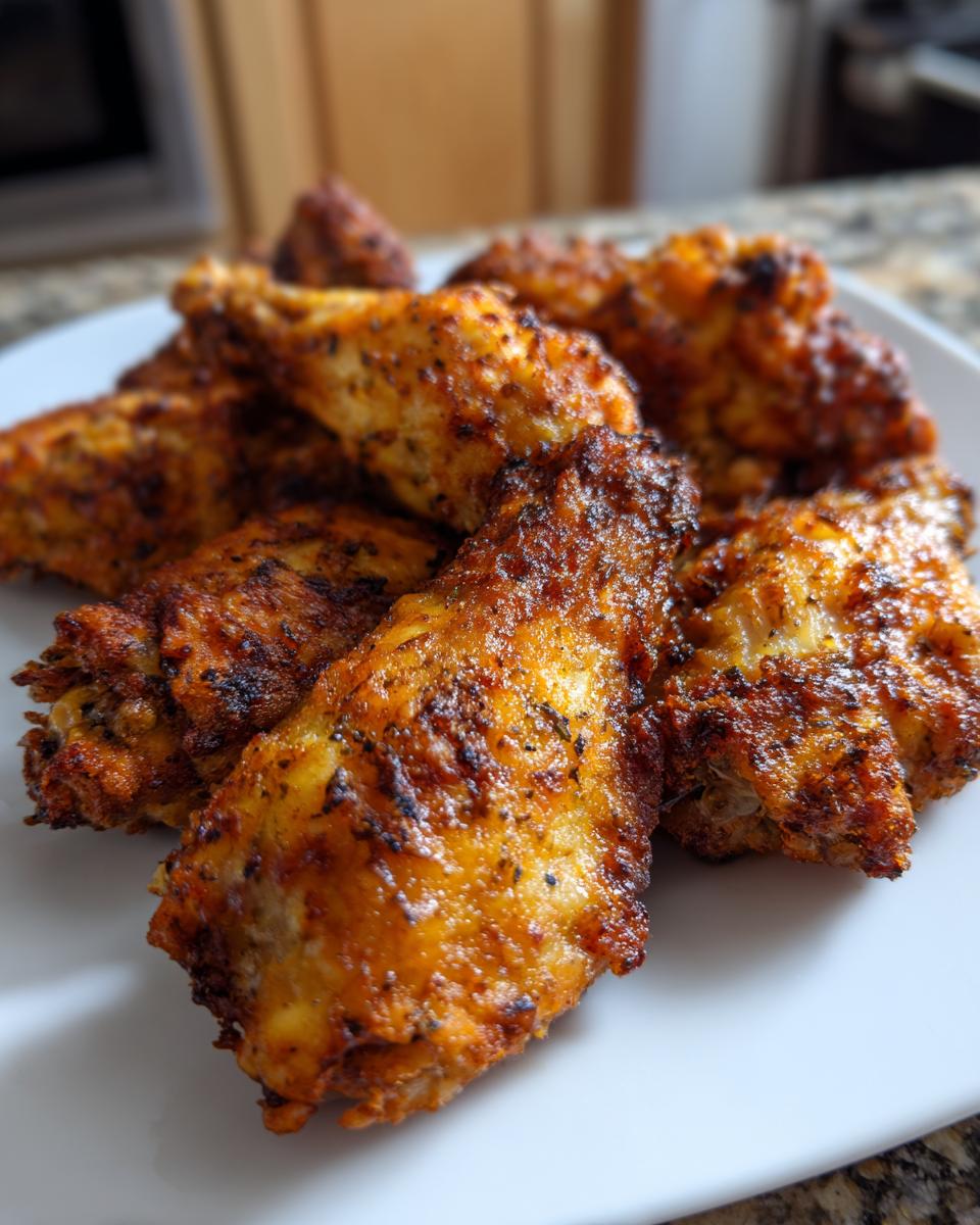 A close-up of golden brown, seasoned crispy air fryer chicken wings piled on a white plate.