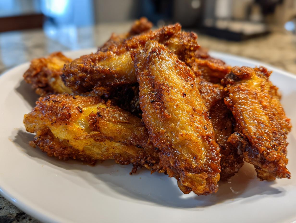 A close-up of several golden brown, seasoned crispy air fryer chicken wings piled on a white plate.