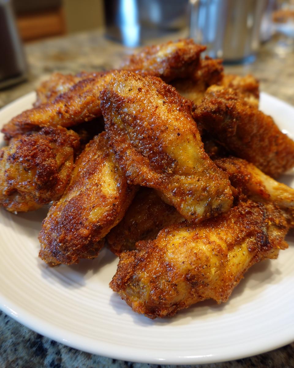 A pile of golden brown, seasoned, crispy air fryer chicken wings served on a white plate.