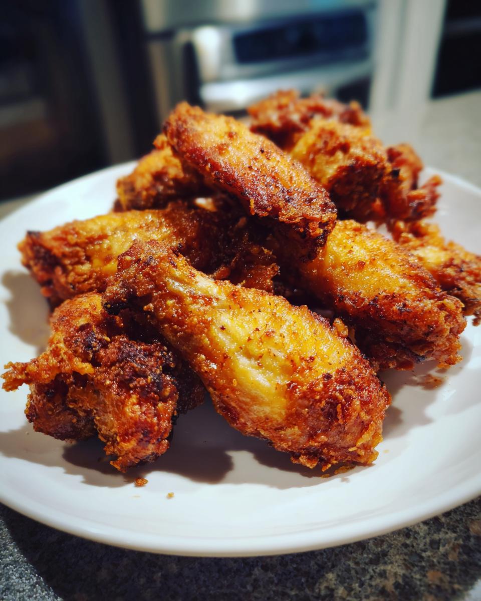 A close-up of a pile of golden brown, crispy air fryer chicken wings on a white plate.