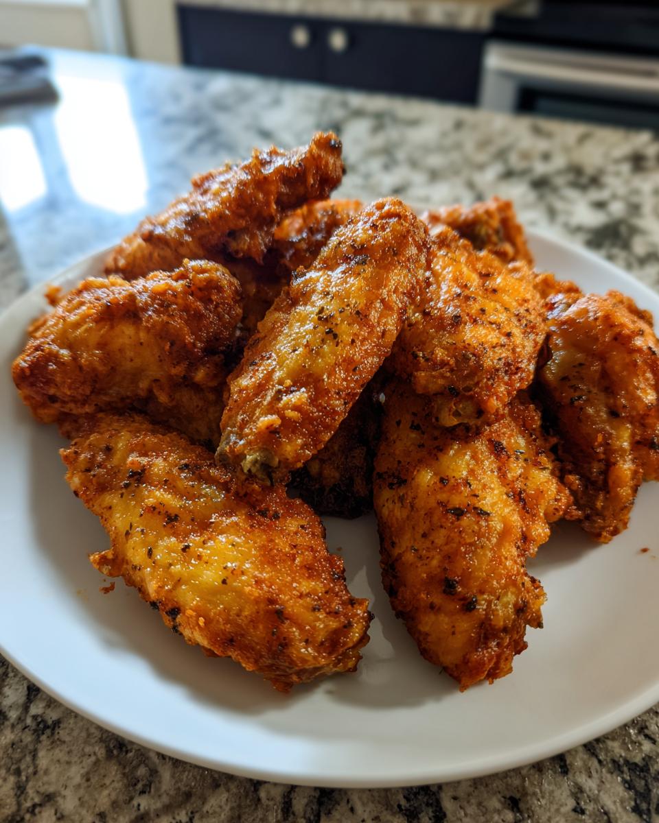 A close-up of several golden brown, seasoned crispy air fryer chicken wings piled on a white plate.