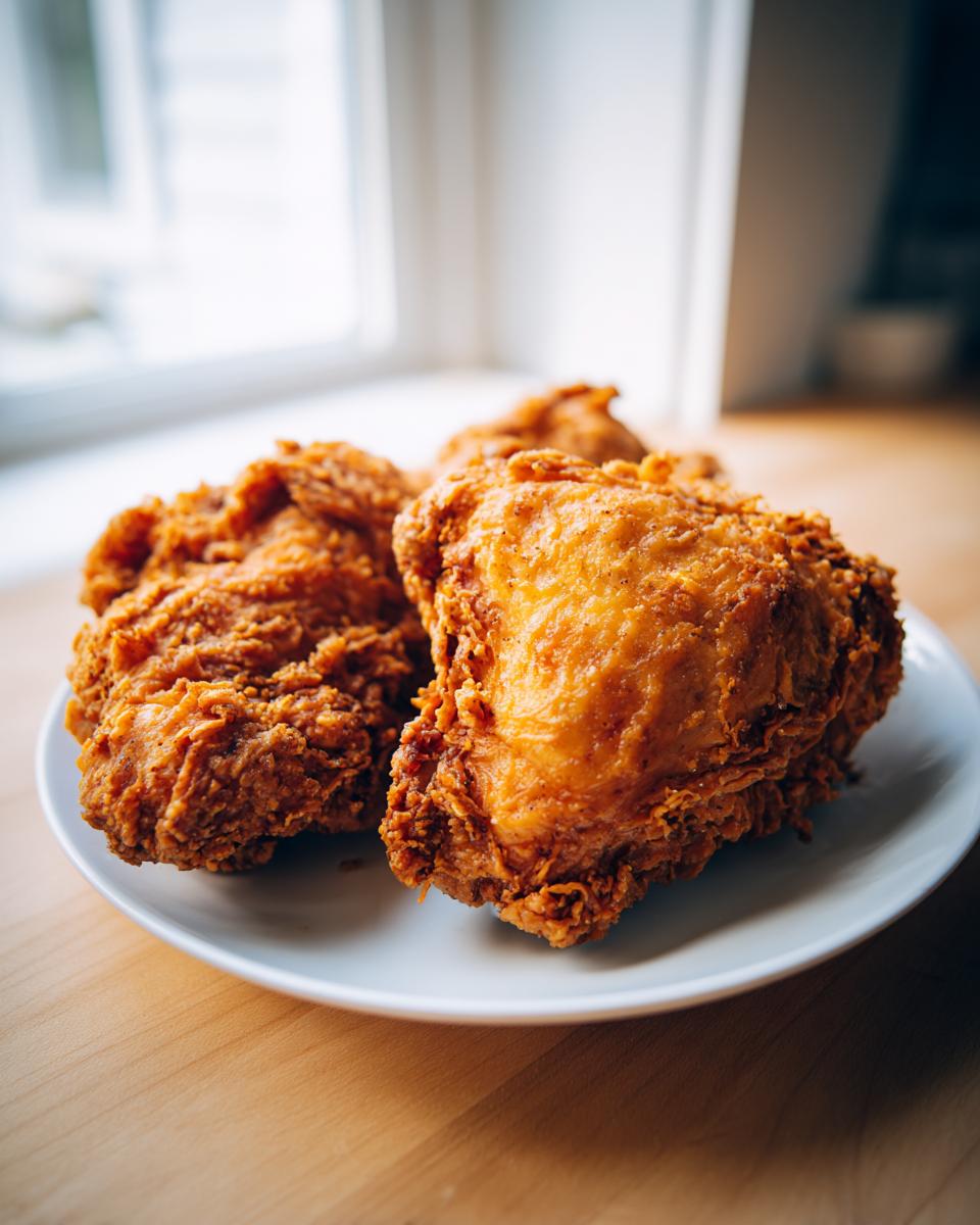 Close-up of three pieces of golden brown, crispy air fryer fried chicken resting on a white plate.