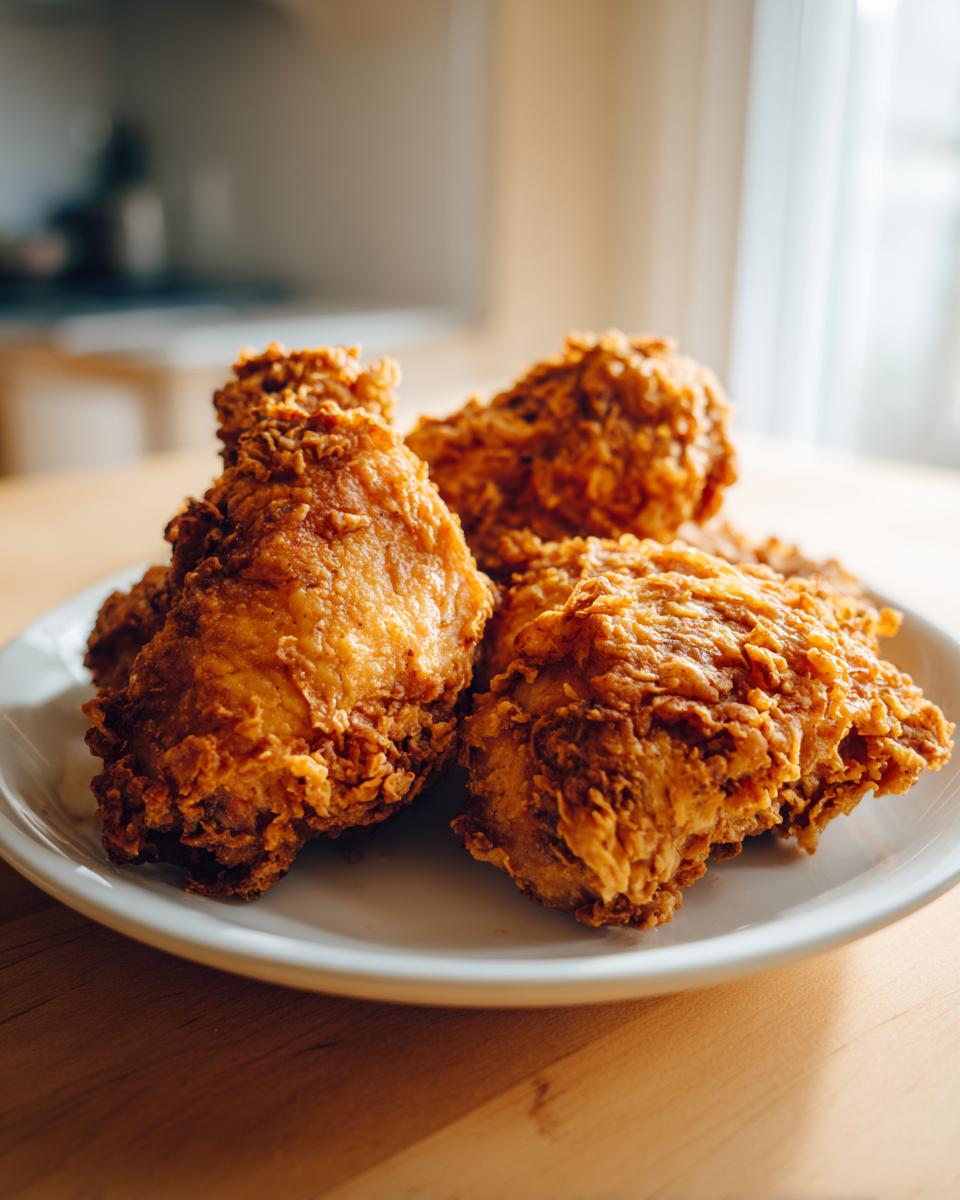 Close-up of three pieces of golden brown, crispy air fryer fried chicken resting on a white plate.