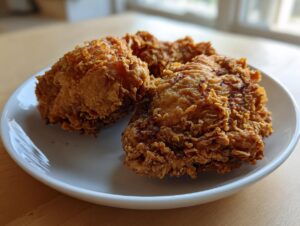 Three pieces of golden brown, crispy air fryer fried chicken resting on a white plate.