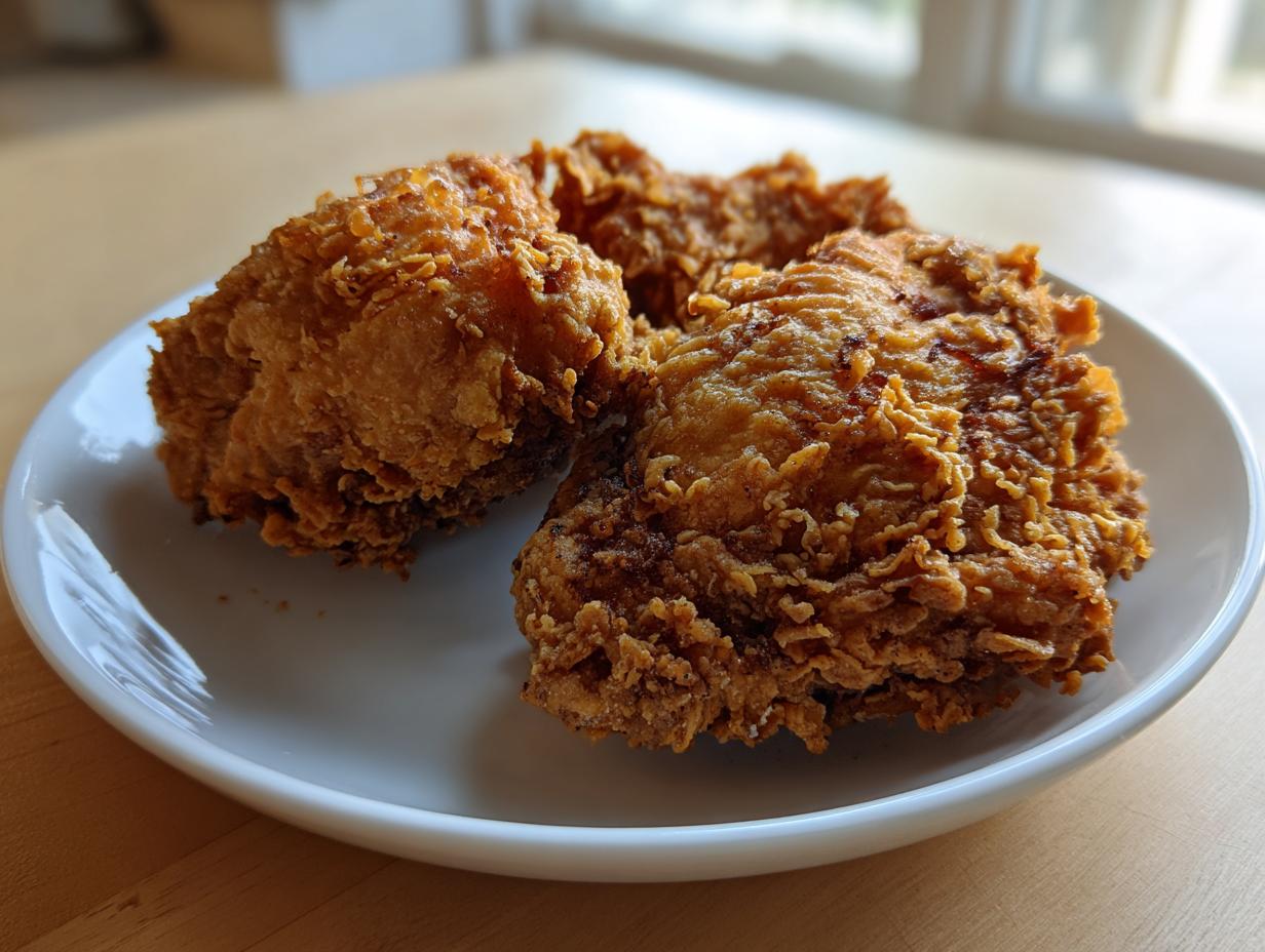 Three pieces of golden brown, crispy air fryer fried chicken resting on a white plate.