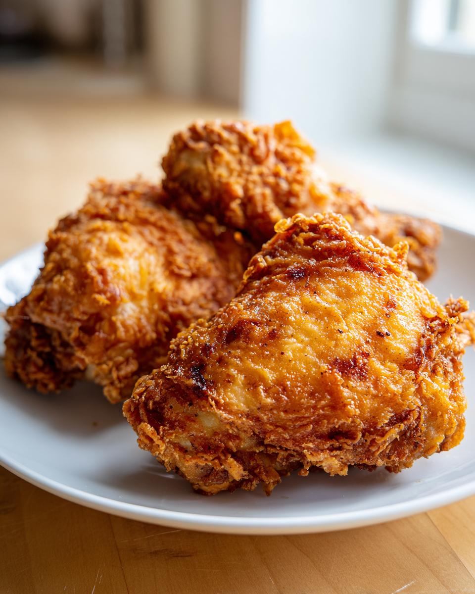 Close-up of three pieces of golden, crispy air fryer fried chicken served on a white plate.