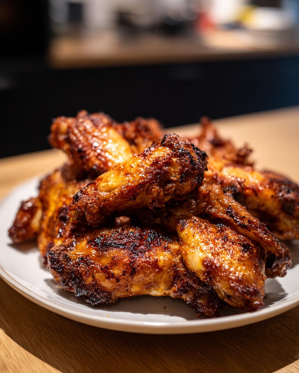 Close-up of a pile of perfectly crispy, caramelized chicken wing pieces served on a white plate.