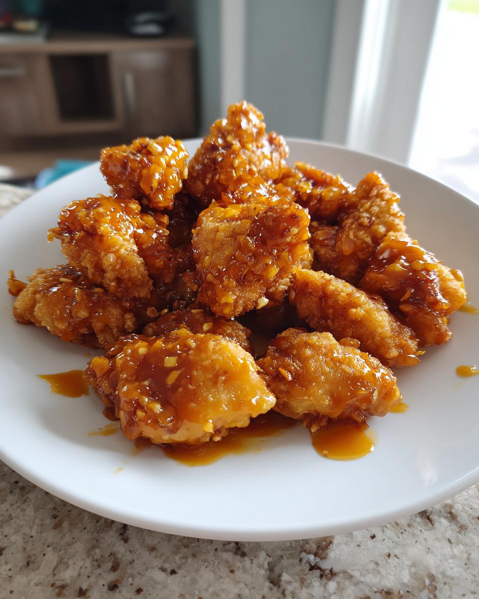 A close-up of crispy, bite-sized pieces of Bang Bang Chicken coated in a sweet and spicy orange glaze.