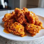 A pile of crispy, golden brown Bang Bang Chicken pieces drizzled with a creamy, spicy orange sauce on a white plate.