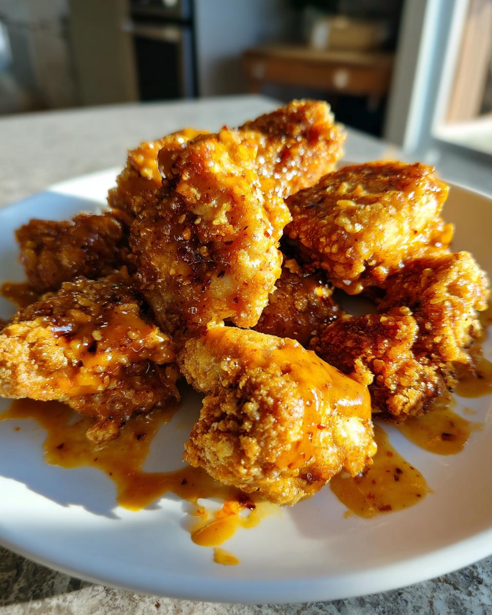 Close-up of crispy, golden-brown Bang Bang Chicken pieces drizzled with a sweet and spicy orange sauce on a white plate.