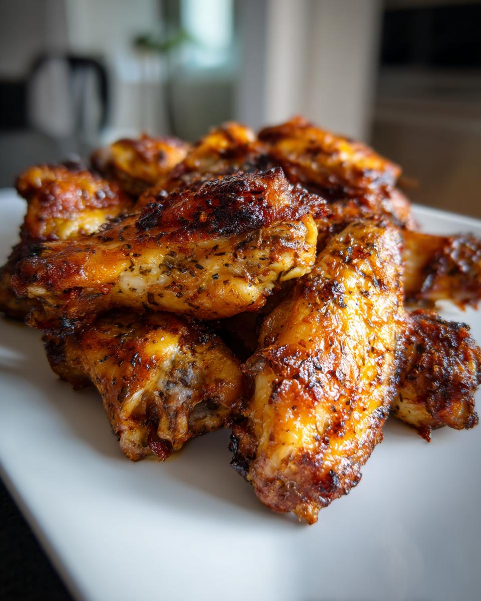 Close-up of perfectly baked, crispy chicken wing pieces seasoned with herbs, ready to eat.