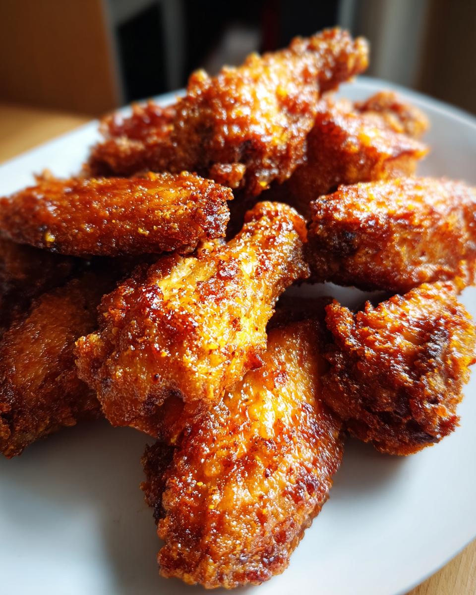 Close-up of a pile of incredibly crispy, golden brown chicken wings served on a white plate.