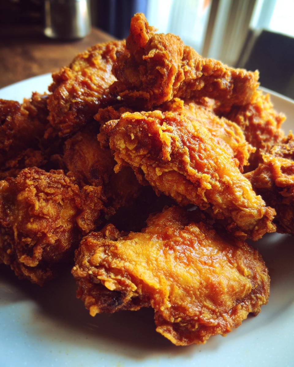 Close-up of a pile of freshly fried, golden brown, crispy chicken wings stacked on a white plate.