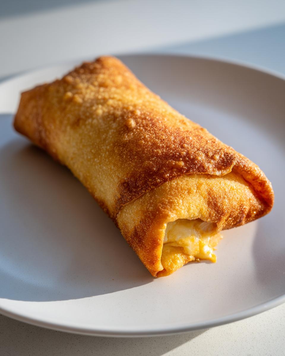 A close-up of one golden brown, crispy chimichangas resting on a light gray plate.