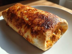 A single, golden-brown, crispy chimichangas resting on a white plate, showing shredded filling peeking out.