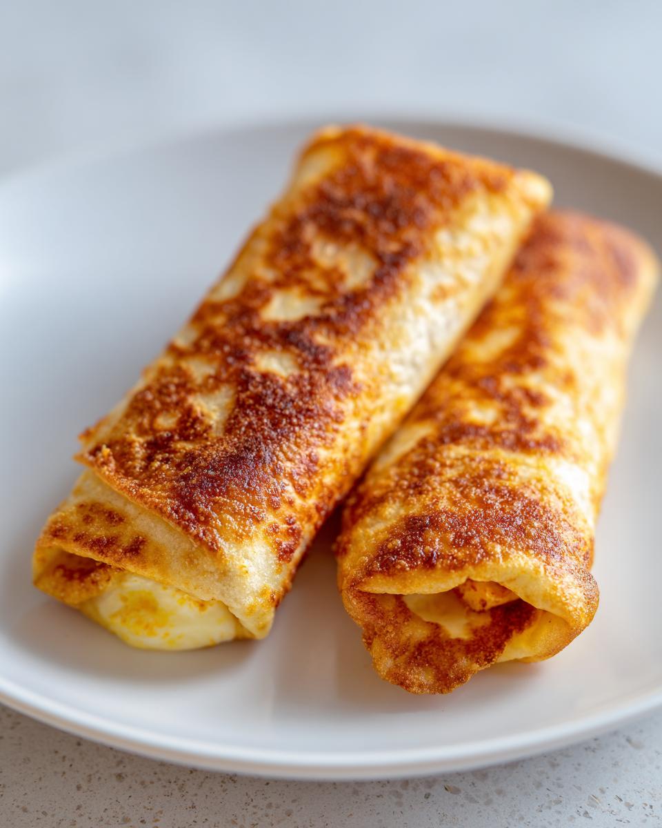 Two golden-brown, crispy chimichangas showing melted filling, served on a white plate.