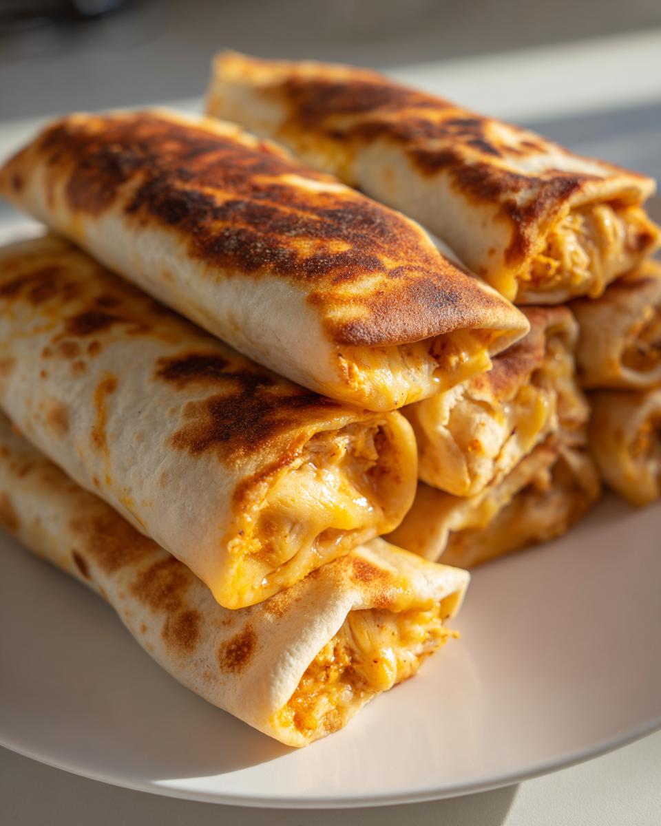 A stack of golden-brown, crispy chimichangas filled with melted cheese and chicken filling, resting on a white plate.