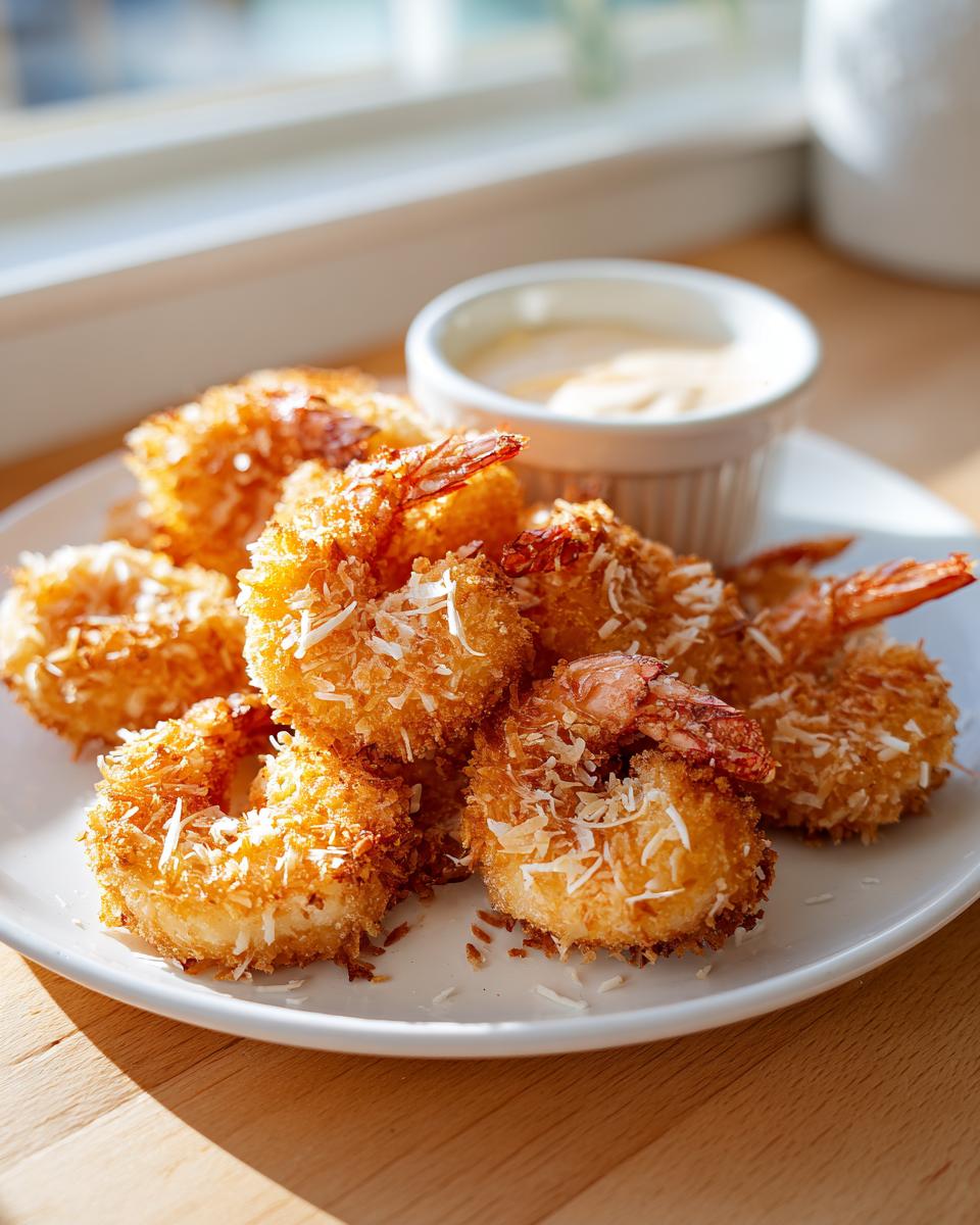 A plate of golden brown, crispy coconut shrimp recipe served with a small bowl of dipping sauce.