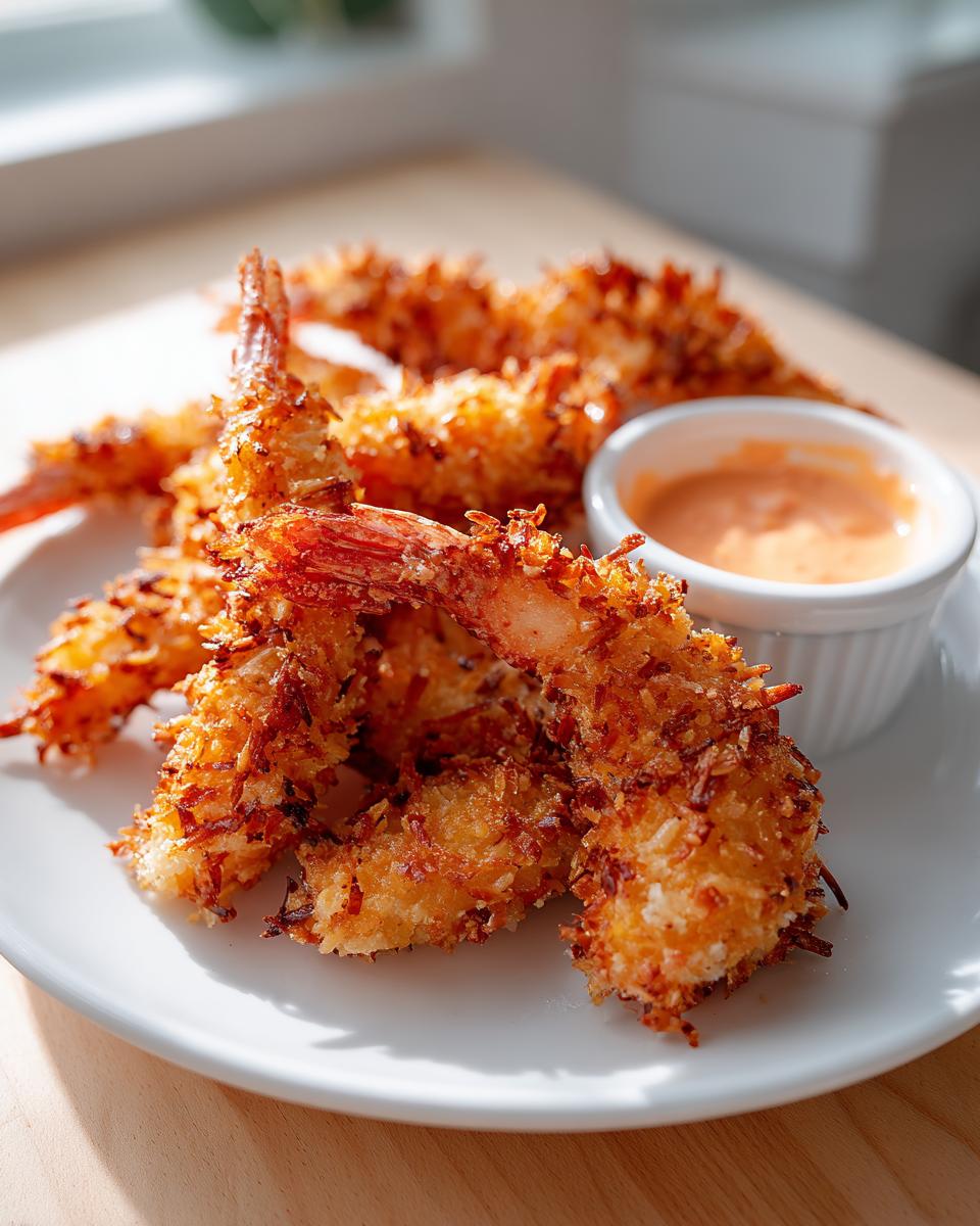 A plate of golden brown, crispy coconut shrimp recipe pieces served with a small ramekin of orange dipping sauce.