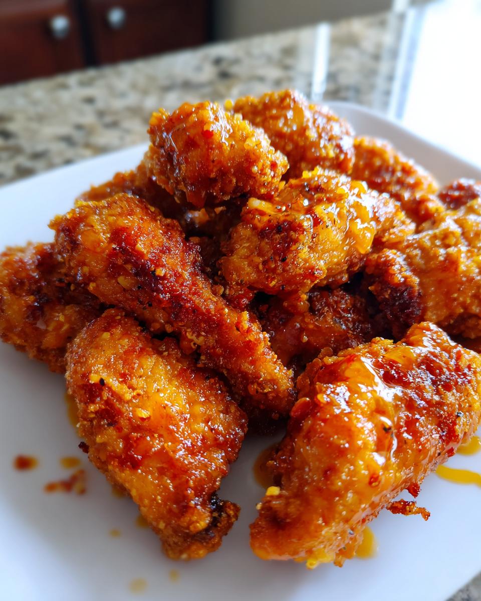 Close-up of crispy, glazed pieces of Bang Bang Chicken piled high on a white plate.