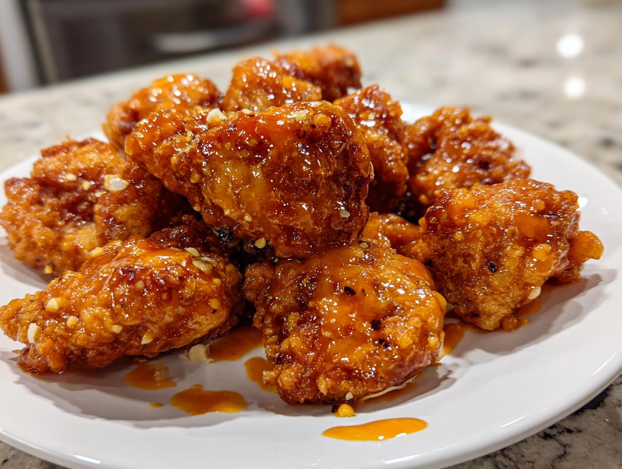 A close-up of crispy, glazed Bang Bang Chicken pieces piled high on a white plate, glistening with sauce.