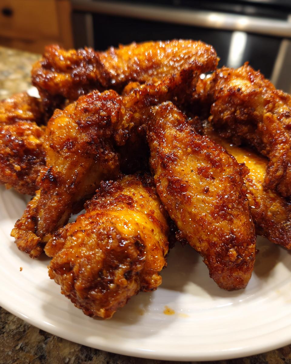 A close-up shot of several perfectly cooked, crispy, and glazed chicken wings piled on a white plate.