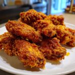 Close-up of perfectly crispy, glazed chicken wings piled on a white plate, showcasing their crunchy texture.