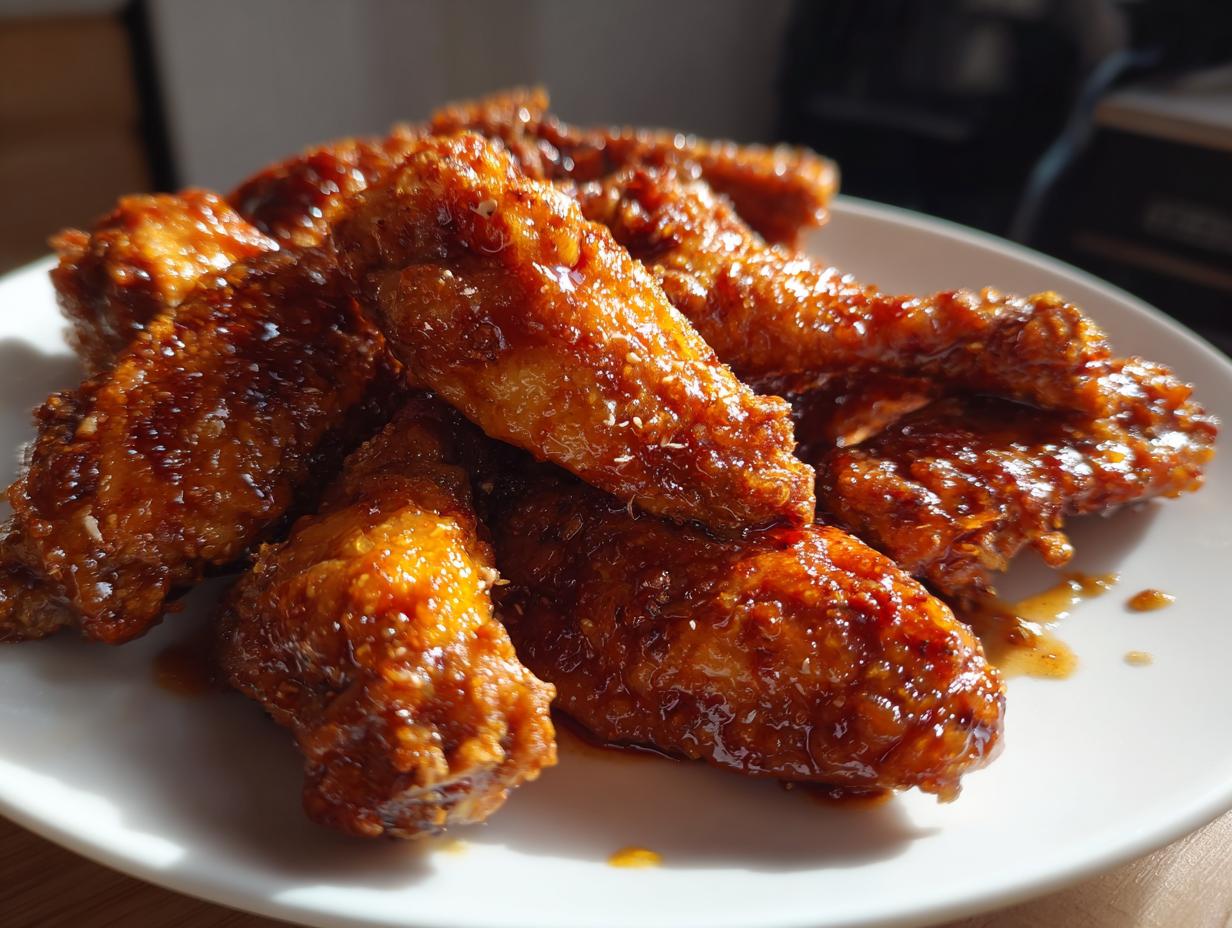 A close-up of several crispy, glazed chicken wings piled on a white plate, glistening under bright light.