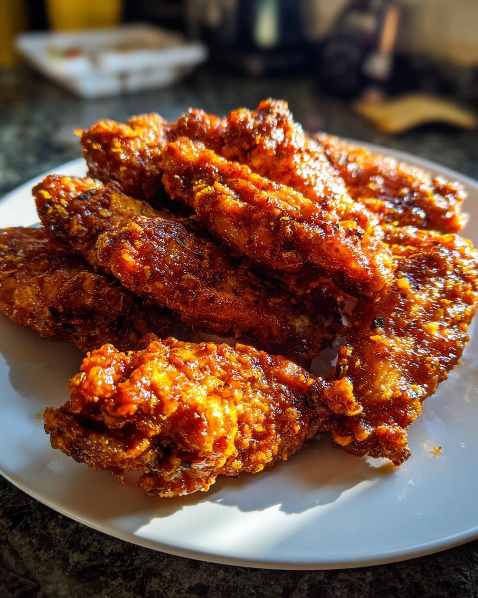 A pile of intensely crispy, glazed chicken wings glistening under bright light on a white plate.