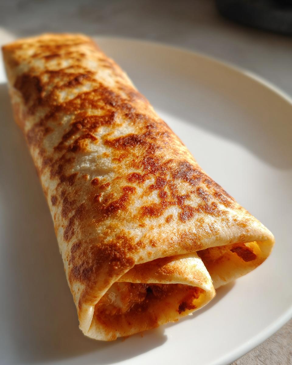 Close-up of a golden brown, crispy chimichangas rolled tightly on a white plate.