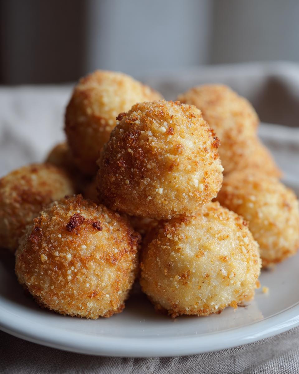 A pile of golden brown, crispy fried potato dumplings coated in breadcrumbs on a white plate.